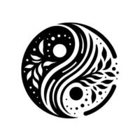 YinYang Symbol Depicting Balance Botanical Black and White Design, with Celestial Accents and Decorative Elements on a white backdrop. vector
