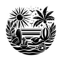 Black and white circular illustration of a beach scene featuring the sun, palm tree, surfboard, and other summer essentials. vector