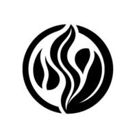 A bold, abstract circular featuring stylized black and white flamelike elements, creating a dynamic and balanced composition, set against a neutral white background. vector
