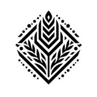 Intricate black and white geometric design, resembling a stylized plant, with a central abstract element surrounded by patterned lines and dotted accents, set against a clean white background. vector