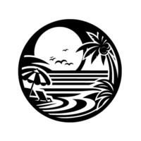 A Circular Silhouette of a Beach Scene Featuring a Sun, Palm Tree, Parasol, Chair, and Seagulls. A minimalist artistic representation. vector