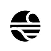 A stylized black and white circular featuring wavelike shapes and horizontal lines suggestive of water or natural elements, enclosed within a circle. vector