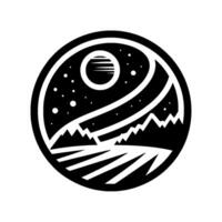 Black and White Circular Illustration of a Night Landscape, Featuring Mountains, Fields, a Sunlike Orb, and a Starry Sky within a Geometric Design. vector