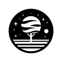 Symbolic black and white of a stylized tree with a layered cloudlike canopy in a nighttime starry sky, set within a circular frame, evoking minimalism. vector