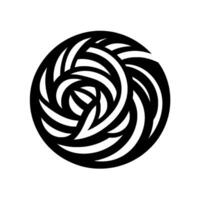 A symmetrical black and white circular featuring an intricate swirling pattern of curved, leaflike elements, evoking a sense of organic form and dynamic movement against a plain white backgrou vector