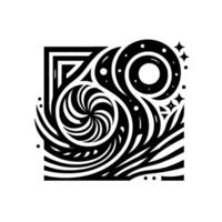 A monochrome geometric featuring swirling forms, stylized shapes, cosmic elements, within a square frame, showcasing balance and contrast. vector