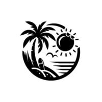 Black and white tropical island scene in a circular frame with palm tree, surfboard, sun with sunglasses, birds, and ocean waves, suggesting summer vacation. vector