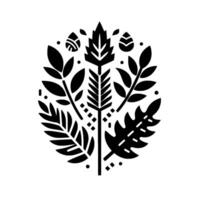 A symmetrical minimalist botanical featuring various leaf types and a central wheat stalk, rendered in solid black on a white background. vector