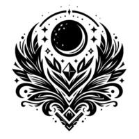 An intricate, symmetrical black and white celestial featuring a crescent moon, stars, stylized feathers, and a diamond motif. vector