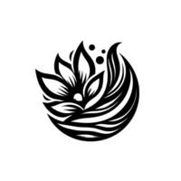 A Minimalist Floral Emblem A monochrome, circular featuring a stylized flower with layered petals and flowing, curved lines, symbolizing growth and elegance. vector