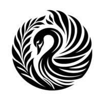 Elegant Black Swan Silhouette, Composed in a Circular Emblem with Leafy Accents, on a Clean White Background, Displaying Grace and Serenity. vector