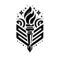 A modern minimalist of a torch emitting stylized flames, framed by open book elements and sparkling stars, evoking knowledge and enlightenment. vector
