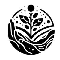 Stylized of a hand cradling a sprouting plant within a circular frame, symbolizing growth and nurturing, with black and white simplicity. vector