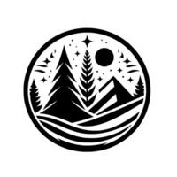 A stylized circular emblem showcasing a black and white mountain scene under a starlit sky, with fir trees, a central stylized tree, and a full moon. vector