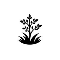 Minimalist Silhouette A black and white illustration of a stylized tree with leaves, rooted in stylized grass, set against a pristine white backdrop. vector
