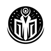 Elegant Monochrome Emblem Geometric Celestial Featuring Stars, Crescent, and Abstract Letterlike Structure within a Circular Frame. vector