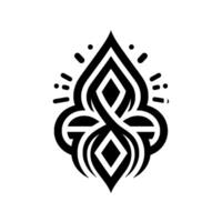 A symmetrical black and white abstract featuring geometric shapes, including diamonds, teardrops, and curves, arranged in a stylized floral or ornamental pattern with decorative burst elements. vector
