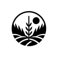 A minimalist circular featuring a stylized landscape mountains, fields, sun, and a central plant, all in black and white. vector