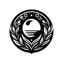 Intricate black and white circular emblem featuring a stylized seascape within a laurel wreath, evoking a sense of nature and serenity. vector