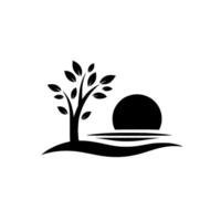 Serene Silhouette A minimalist black and white illustration featuring a tree, the sun setting over the horizon, and a gentle landscape, evokes a feeling of tranquility. vector