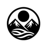 Symbolic black and white circular depicting a mountain range, sun, and waves in a minimalist, style. vector