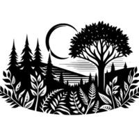 A silhouetted forest landscape, featuring towering pines and an expansive deciduous tree against a crescent moon backdrop, all framed with stylized foliage. vector