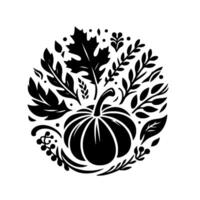 A stylized, minimalist black and white autumn illustration featuring a central pumpkin surrounded by leaves, berries, and other organic elements, forming a circular design. vector