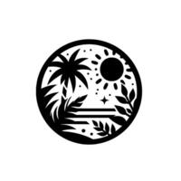 Intricate Black Silhouette of a Tropical Paradise Palm Tree, Sun, and Foliage within a Circular Frame, Evoking a Sense of Peace. vector