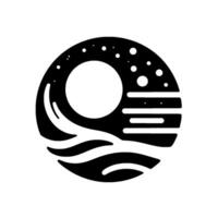 Monochromatic Celestial Circle Stylized Moonlit Scene with Stars, Waves and Horizon, in stark Black and White, with a minimalistic aesthetic. vector