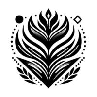 Intricate black and white floral design, composed of layered leaflike shapes, accented by geometric elements, arranged symmetrically. vector