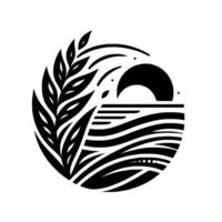 Abstract black and white design, featuring a stylized sun setting over a wavy horizon, accompanied by organic leaflike elements within a circular composition. vector