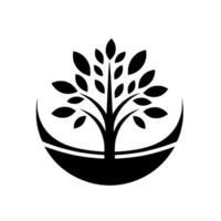 A minimalist monochrome depicts a stylized tree within a crescent shape, symbolizing growth and balance. vector