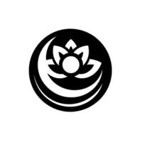 Black and white minimalist featuring a stylized flower within a circular frame with curved, crescentlike elements, creating a balanced and modern emblem. vector