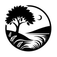 A circular, minimalist monochrome landscape featuring a silhouetted tree, wheat stalks, moon, rolling hills, and a river. vector