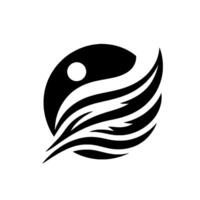A stylized black and white depicting an abstract bird or wing, featuring a curved, feathered with a circular element, a moon or dot in the top left. vector