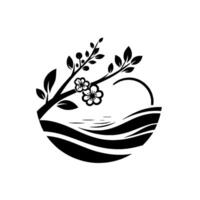 A stylized, monochromatic featuring a blossoming cherry branch arcing over water, framed within a circle representing the rising sun. vector