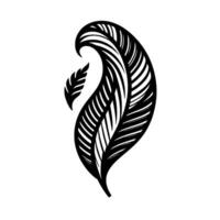 A stylized black and white illustration of a feather with intricate line work, featuring a smaller feather adjacent to the larger one, all against a clean white backdrop. vector