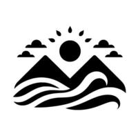 Black and white minimalist landscape illustration, featuring stylized mountains, sunburst, clouds, and flowing water, evoking a sense of nature and serenity. vector