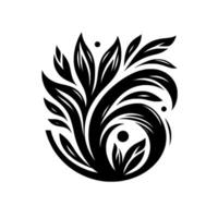A symmetrical, stylized, black and white floral design, showcasing a blend of leaf and swirl elements within a circular, balanced arrangement, featuring dot accents. vector