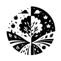 A monochromatic, circular artwork depicting the changing seasons split vertically, featuring a tree, apples, leaves, hills and clouds in alternating black and white, contrasting summer and autumn. vector