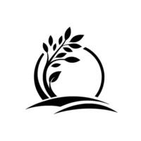 Minimalist Black and White Featuring a Stylized Tree with Leaves Enclosed by a Circle and a Groundline, Symbolizing Growth and Harmony. vector