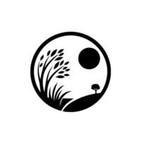 YinYang inspired black and white minimalist landscape inside a circle, featuring stylized trees, sun and grassy terrain. vector