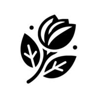 A minimalist, black and white floral design, showcasing a stylized tulip with leaves and dots on a clean white background. vector