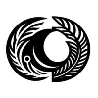 A symmetrical, minimalist black and white featuring a central crescent shape, encircled by stylized, symmetrical leaflike elements, creating a balanced, abstract composition against a plain wh vector
