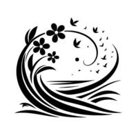 A black and white stylized artwork depicts a wave adorned with flowers and leaves, with a flock of stylized birds taking flight. vector