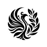 A stylized, minimalist black and white phoenix emblem, encompassed in a circular with decorative leaves and dots, set against a plain background. vector