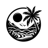 A minimalist black and white circular illustration of a tropical beach scene, with a palm tree, sun, mountains, waves, and flying birds, evoking serenity. vector