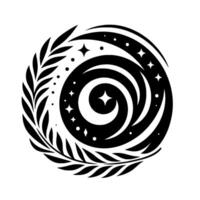 Abstract black and white circular featuring spiral and crescent shapes, stars, and leaves. vector