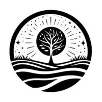 Symbolic Black White Illustration of a Tree within a Circle, Representing Growth, Nature, and Harmony with a Stellar Backdrop. vector