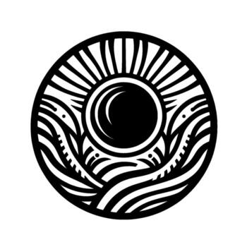 A circular black and white art piece featuring a stylized sunburst with a partially obscured black sun, bordered by wavelike and organic patterns within a circular frame. vector